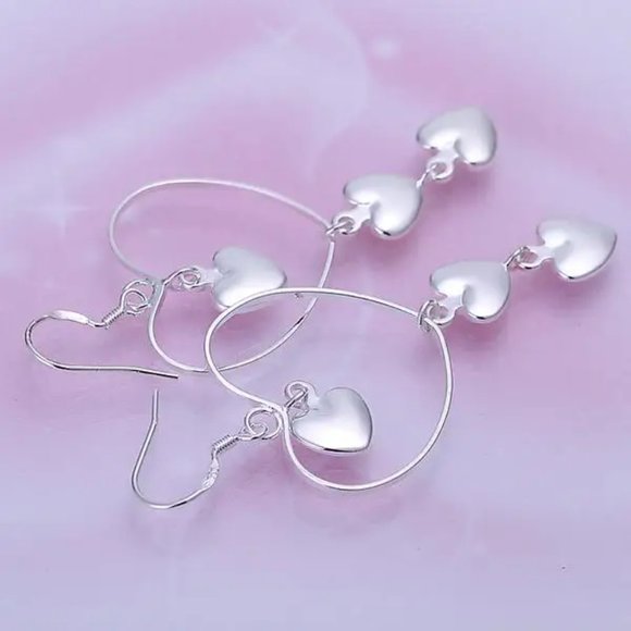 Beautiful Hanging Heart's Earring's Solid Sterling Silver " Hypoallergenic " - Picture 4 of 5